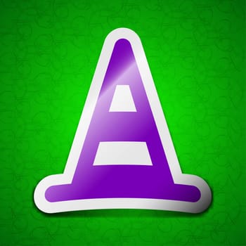 road cone icon sign. Symbol chic colored sticky label on green background. illustration