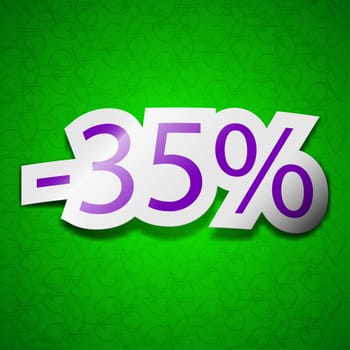 35 percent discount icon sign. Symbol chic colored sticky label on green background. illustration