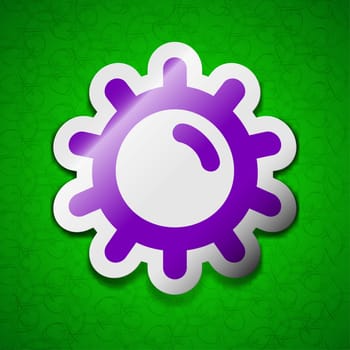 Sun icon sign. Symbol chic colored sticky label on green background. illustration