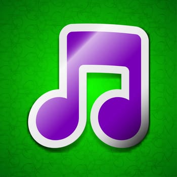 Music note icon sign. Symbol chic colored sticky label on green background. illustration