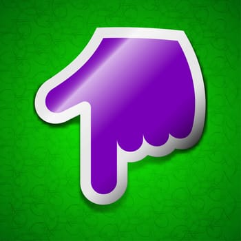 pointing hand icon sign. Symbol chic colored sticky label on green background. illustration