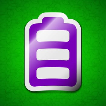 Battery fully charged icon sign. Symbol chic colored sticky label on green background. illustration