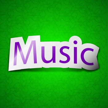 music icon sign. Symbol chic colored sticky label on green background. illustration