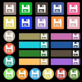 floppy icon sign. Set from twenty seven multicolored flat buttons. illustration