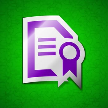 Award File document icon sign. Symbol chic colored sticky label on green background. illustration