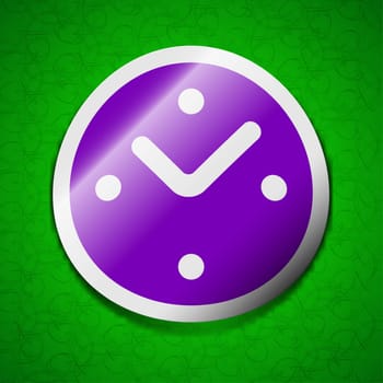 Mechanical Clock icon sign. Symbol chic colored sticky label on green background. illustration