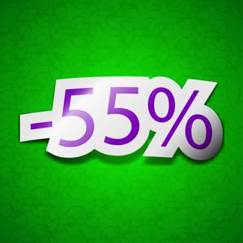 55 percent discount icon sign. Symbol chic colored sticky label on green background. illustration