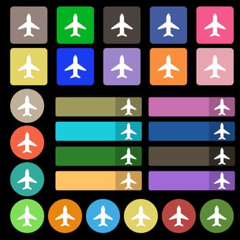 Airplane, Plane, Travel, Flight icon sign. Set from twenty seven multicolored flat buttons. illustration