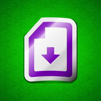 import, download file icon sign. Symbol chic colored sticky label on green background. illustration