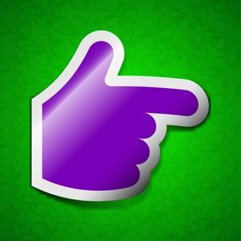 pointing hand icon sign. Symbol chic colored sticky label on green background. illustration