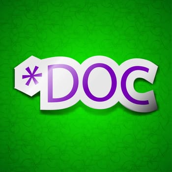 Doc file extension icon sign. Symbol chic colored sticky label on green background. illustration