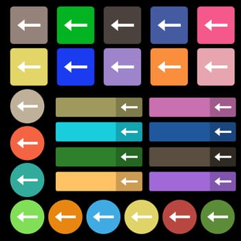 Arrow left, Way out icon sign. Set from twenty seven multicolored flat buttons. illustration