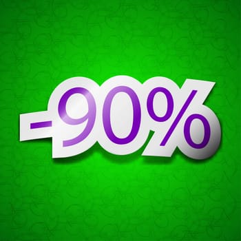 90 percent discount icon sign. Symbol chic colored sticky label on green background. illustration