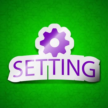 Cog settings icon sign. Symbol chic colored sticky label on green background. illustration