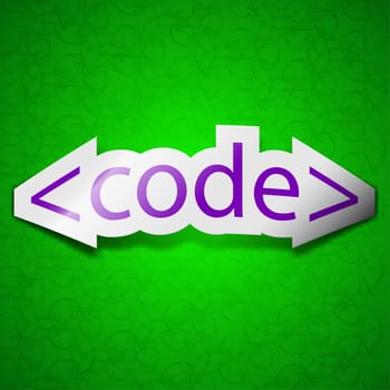 Code icon sign. Symbol chic colored sticky label on green background. illustration