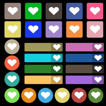 Heart, Love icon sign. Set from twenty seven multicolored flat buttons. illustration