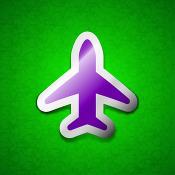 Airplane, Plane, Travel, Flight icon sign. Symbol chic colored sticky label on green background. illustration