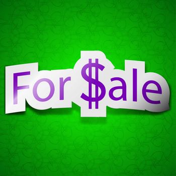 For sale icon sign. Symbol chic colored sticky label on green background. illustration