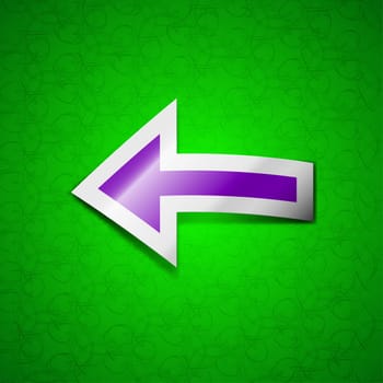 Arrow left, Way out icon sign. Symbol chic colored sticky label on green background. illustration