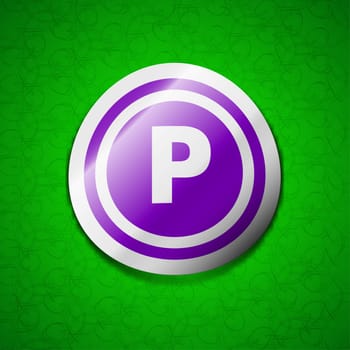 Car parking icon sign. Symbol chic colored sticky label on green background. illustration