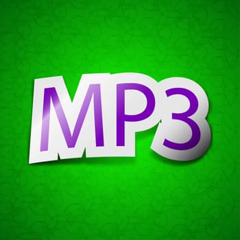 Mp3 music format icon sign. Symbol chic colored sticky label on green background. illustration