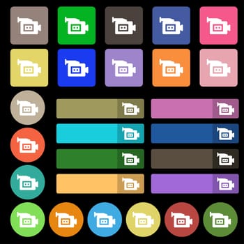 video camera icon sign. Set from twenty seven multicolored flat buttons. illustration