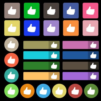 Like, Thumb up icon sign. Set from twenty seven multicolored flat buttons. illustration