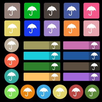Umbrella icon sign. Set from twenty seven multicolored flat buttons. illustration