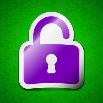 Open Padlock icon sign. Symbol chic colored sticky label on green background. illustration