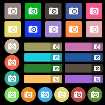 Digital photo camera icon sign. Set from twenty seven multicolored flat buttons. illustration