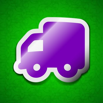 Delivery truck icon sign. Symbol chic colored sticky label on green background. illustration