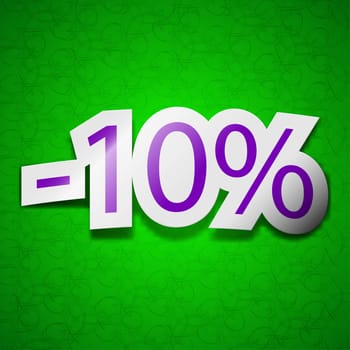 10 percent discount icon sign. Symbol chic colored sticky label on green background. illustration