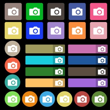 Digital photo camera icon sign. Set from twenty seven multicolored flat buttons. illustration