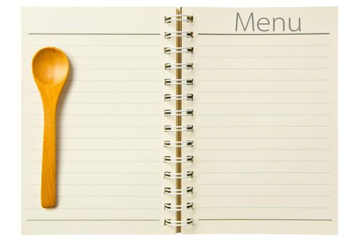 menu word and spoon wooden on notebook isolated on white background, clipping path
