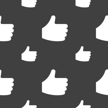 Like, Thumb up icon sign. Seamless pattern on a gray background. illustration