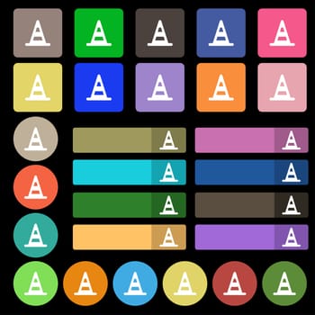 road cone icon sign. Set from twenty seven multicolored flat buttons. illustration