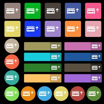 audio cassette icon sign. Set from twenty seven multicolored flat buttons. illustration