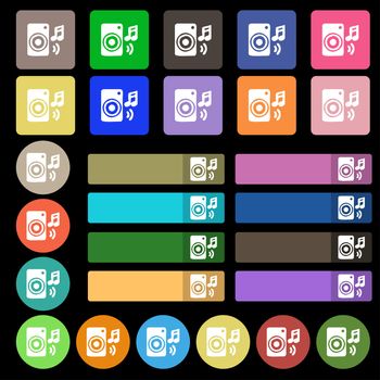 music column, disco, music, melody, speaker icon sign. Set from twenty seven multicolored flat buttons. illustration