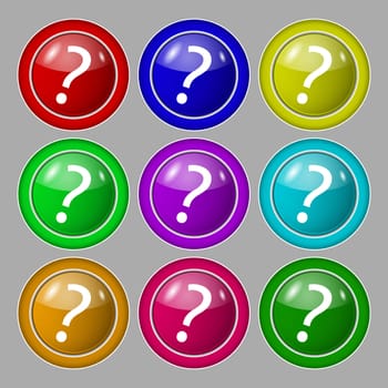 Question mark sign icon. Help symbol. FAQ sign. Symbol on nine round colourful buttons. illustration