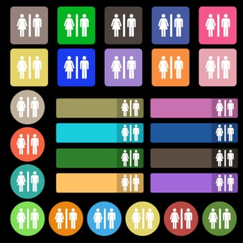 silhouette of a man and a woman icon sign. Set from twenty seven multicolored flat buttons. illustration