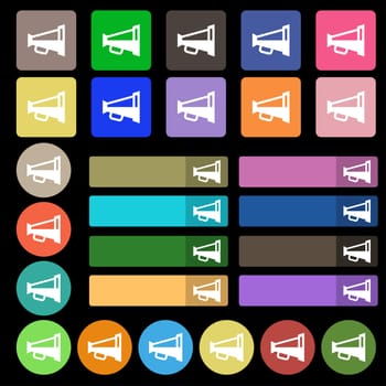 Megaphone soon, Loudspeaker icon sign. Set from twenty seven multicolored flat buttons. illustration