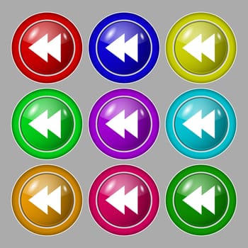 multimedia sign icon. Player navigation symbol. Symbol on nine round colourful buttons. illustration