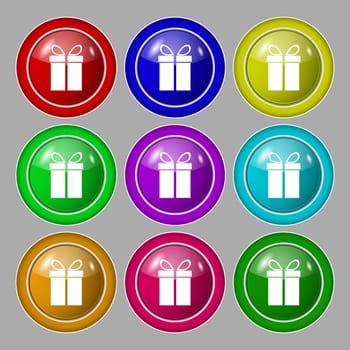 Gift box sign icon. Present symbol. Symbol on nine round colourful buttons. illustration