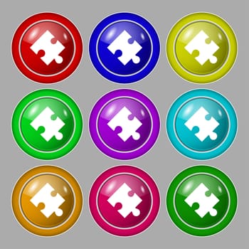 Puzzle piece icon sign. symbol on nine round colourful buttons. illustration