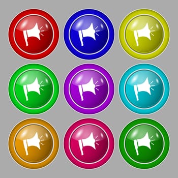 Megaphone soon icon. Loudspeaker symbol. Symbol on nine round colourful buttons. illustration