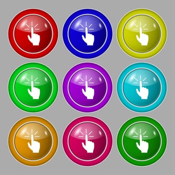 Click here hand icon sign. symbol on nine round colourful buttons. illustration