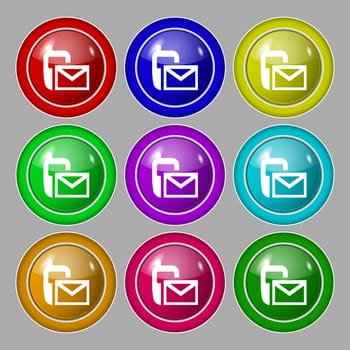 Mail icon. Envelope symbol. Message sms sign. Symbol on nine round colourful buttons. illustration