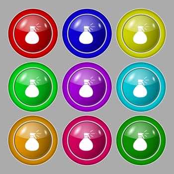 plastic spray of water icon sign. Symbol on nine round colourful buttons. illustration
