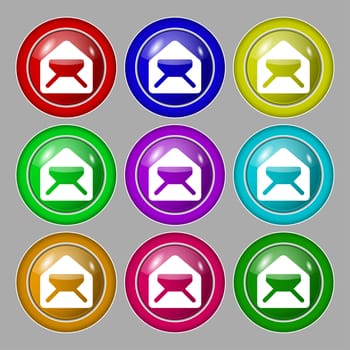 Mail, envelope, letter icon sign. symbol on nine round colourful buttons. illustration