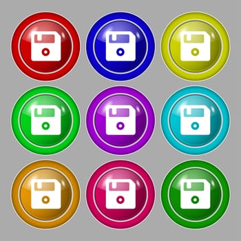 floppy icon sign. symbol on nine round colourful buttons. illustration